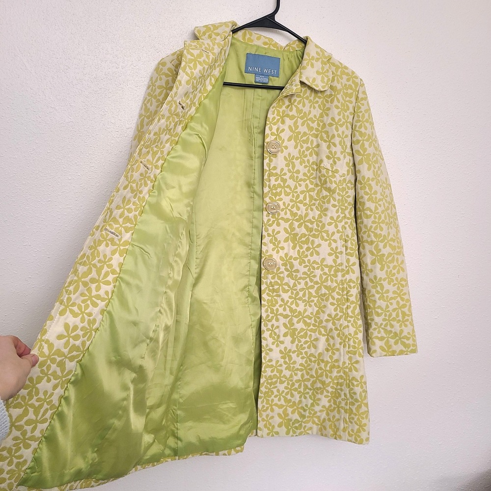 Nine West Sz M Lime Green Yellow Spring Floral Pea Coat Jacket Tailored Retro - Picture 4 of 11